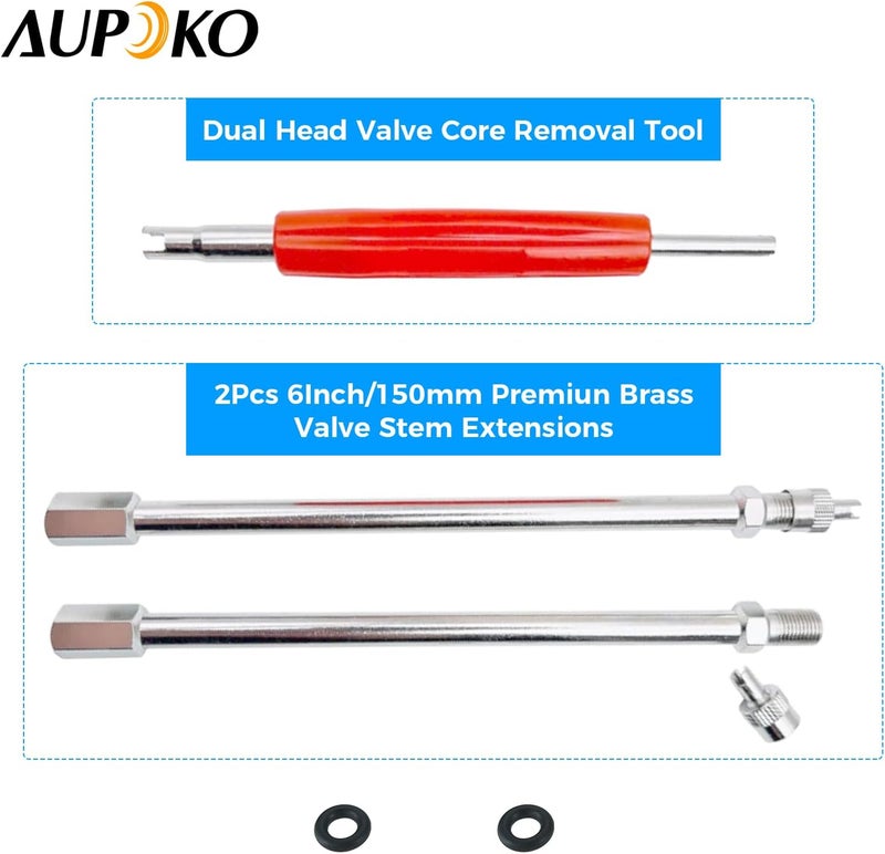 Aupoko 6Inch Valve Stem Extension, Dually Valve Stem Extenders Include Valve Core Removal Tool, 150mm Straight Metal Dual Wheel Valve Stem Extensions for Truck Tire, Dual Wheel Valve Stem Extensions - Image 2